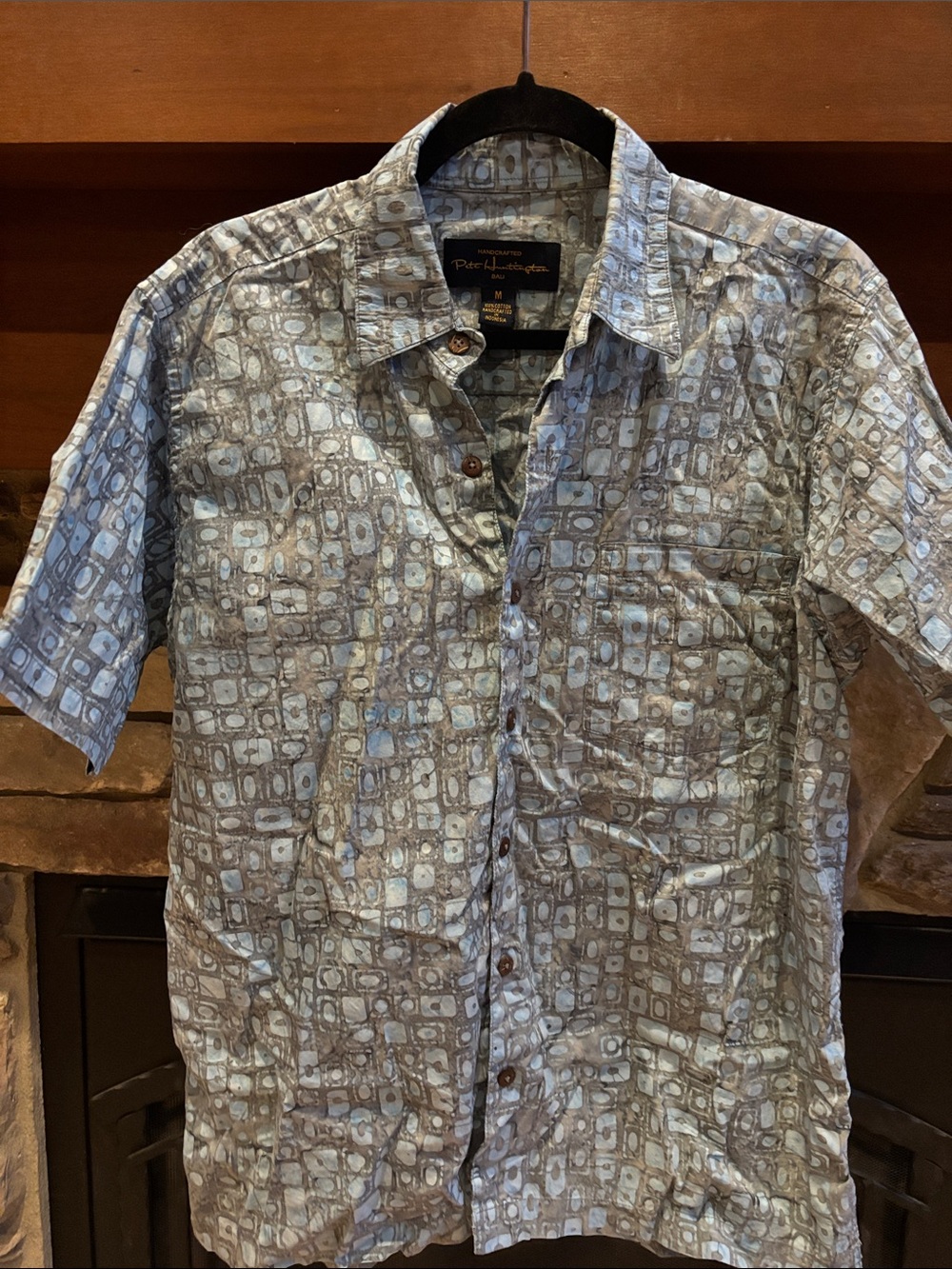 Pete Huntington 100% Cotton Handcrafted Hawaiian Shirt Mens Medium Blue/Gray